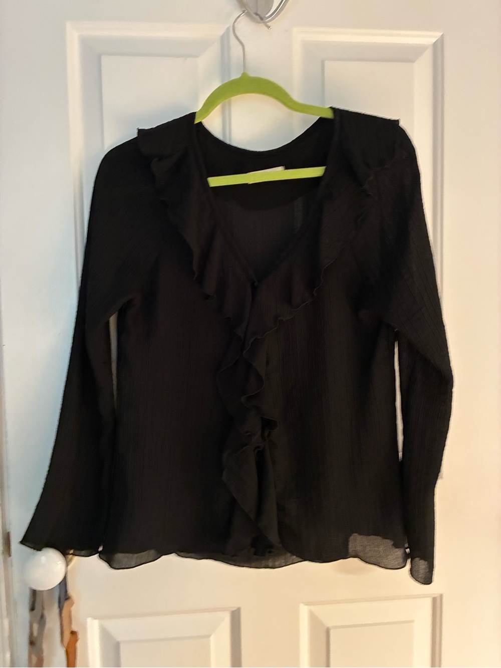 Women's Black Ruffle-Front Long Sleeve Blouse